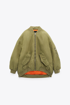 ZBZA Women's Spring Autumn Round Neck Loose Bomber Jacket New Oblique Pocket Zipper Oversized Jacket Coat Chic Female Outerwear 30