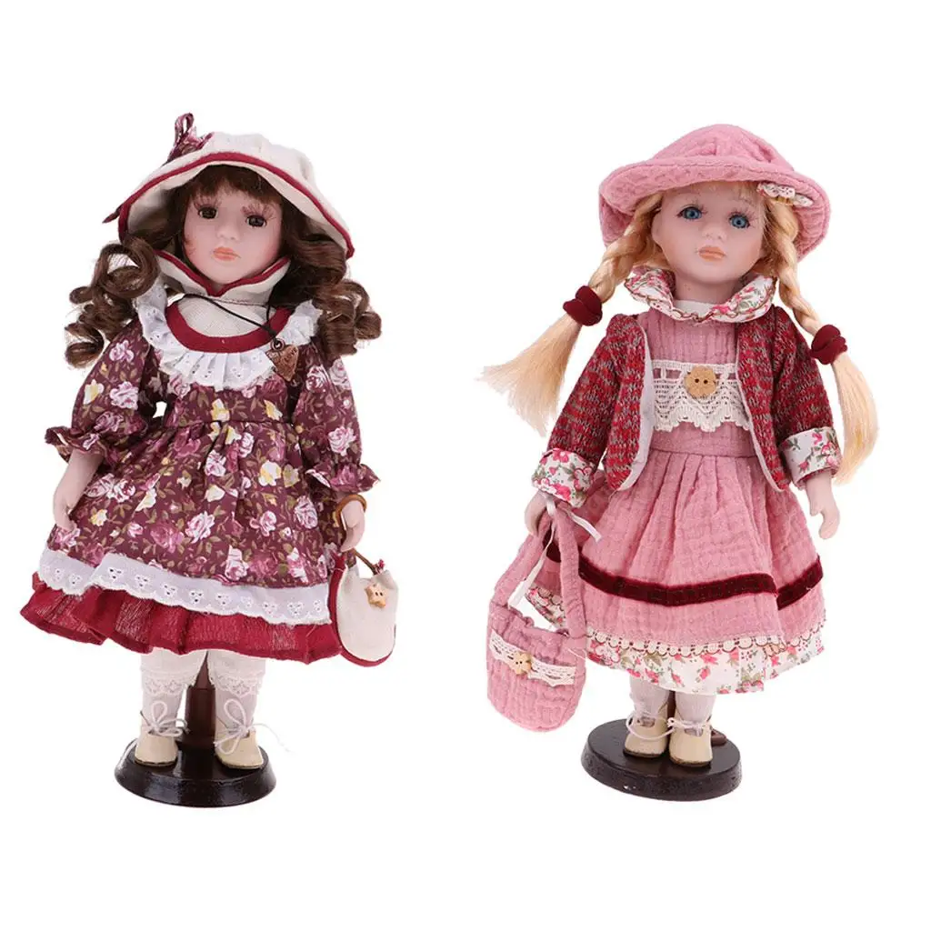 2pcs 30cm   Porcelain Doll with Dress Set & Stand Home Display Decor