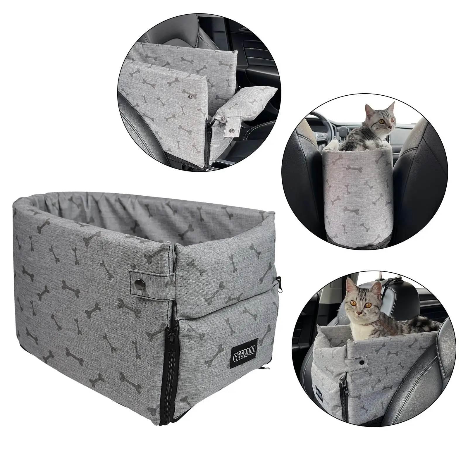 Multifunction Dog Console Car Booster Seat Travel Bed Dog Kennel Pet Nest for Small Doggie Cats with Adjustable Strap Grey