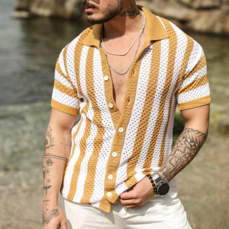 Men's fashion streetwear with Stripe Dot Mesh Polo Shirt including jackets, suits, shorts, shoes, big watches, and oversized zip hoodies0