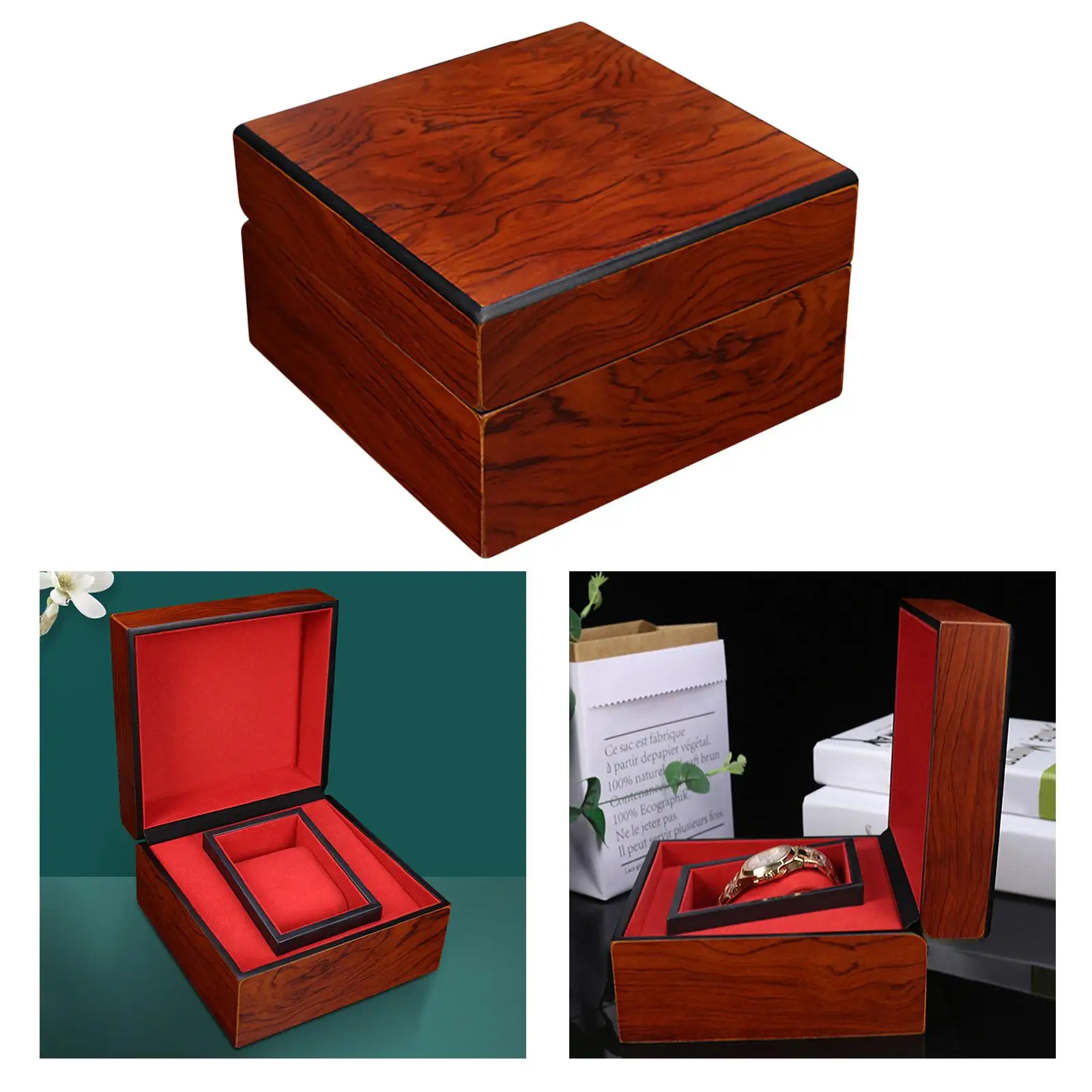 Wood Watch Case Jewelry Storage with Red Pillow Wristwatch Display Holder