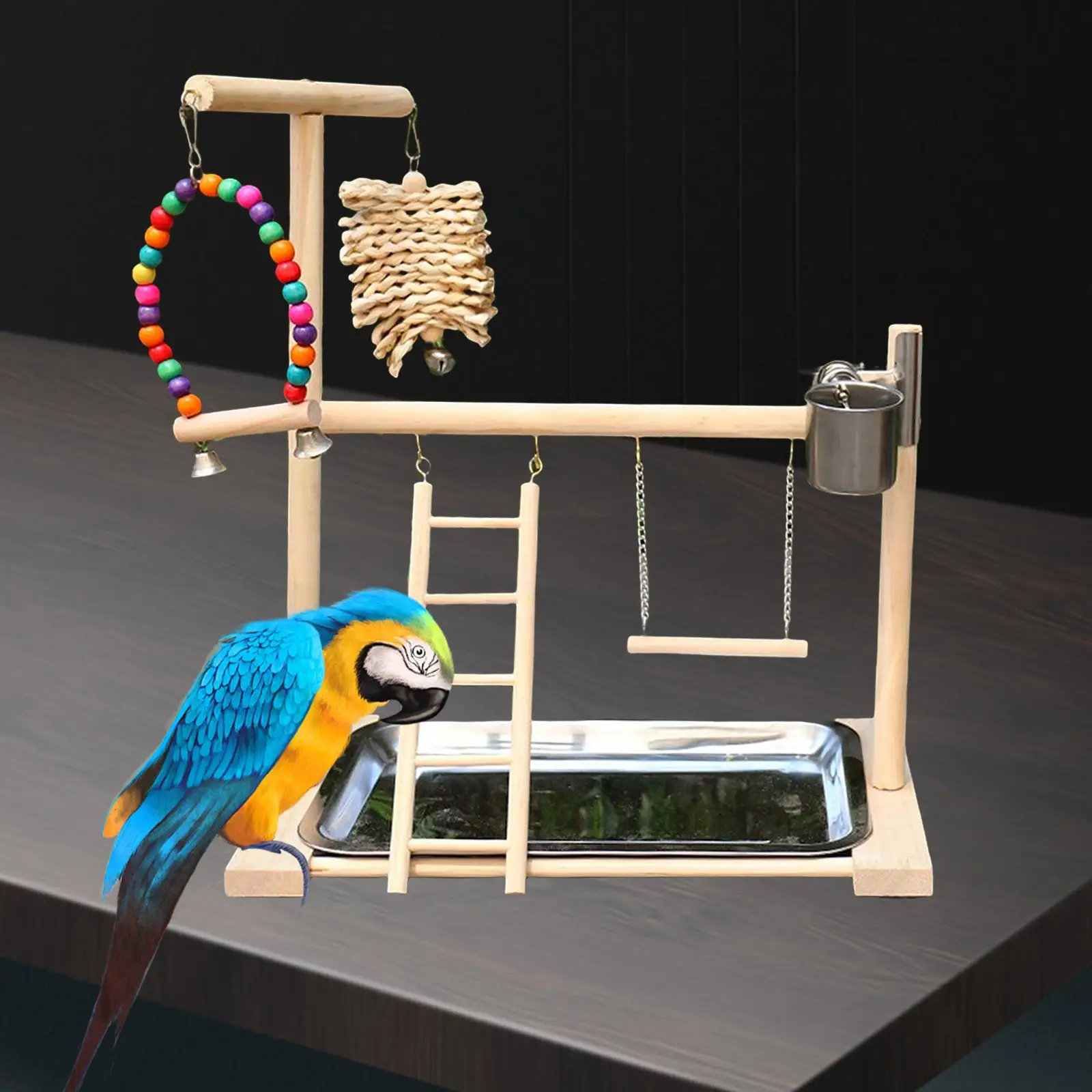 Parrot Playstand Bird Playground with Feeder Cups Bells Bird Gym Solid Wood Perch Climbing Ladder Toys for Budgie Cockatiel