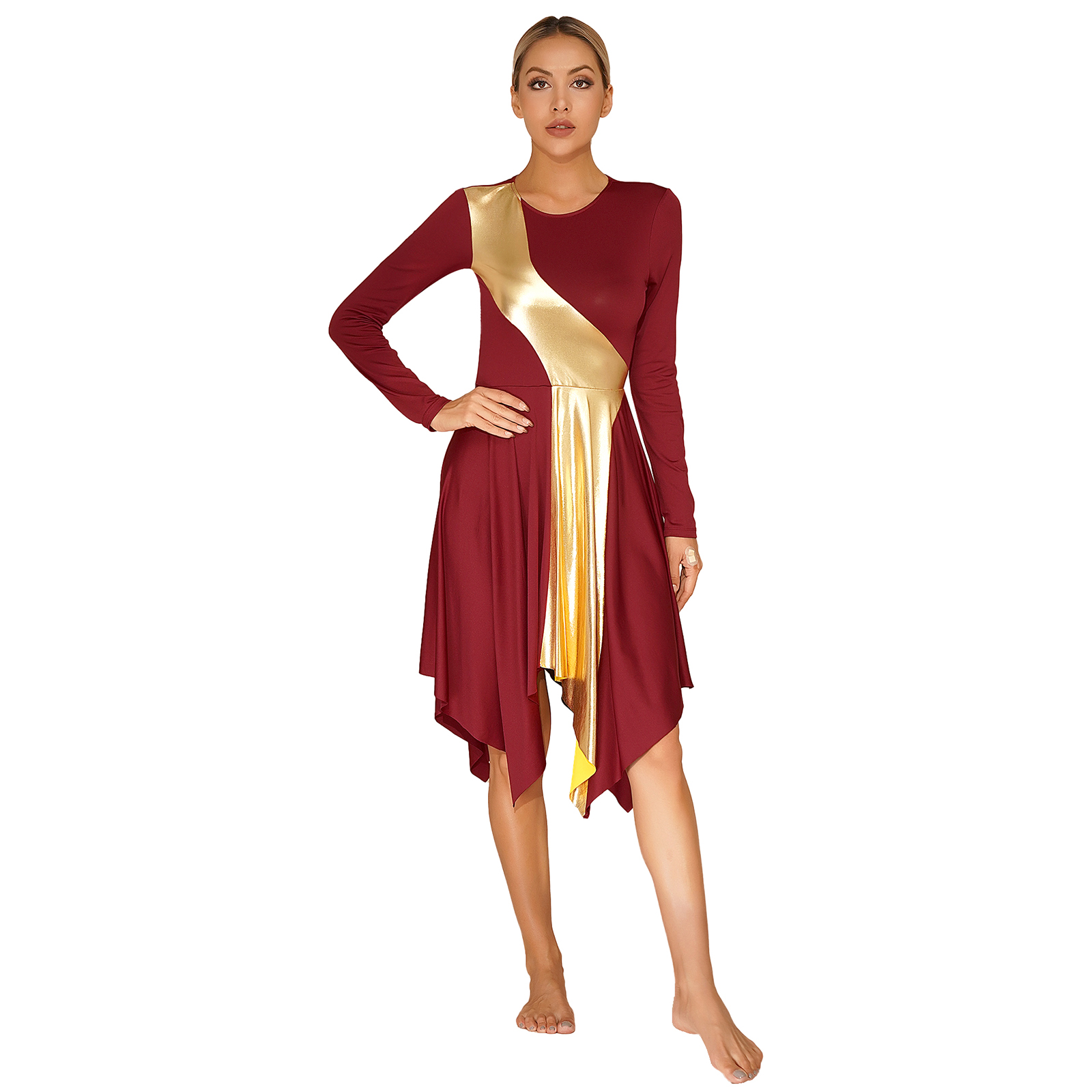 Damen Walzer Ballsaal Lyrisches Tanzkleid Langarm Asymmetrischer Saum Partykleider für Kirchenchor Anbetung Bühnenauftritt – Detail 32