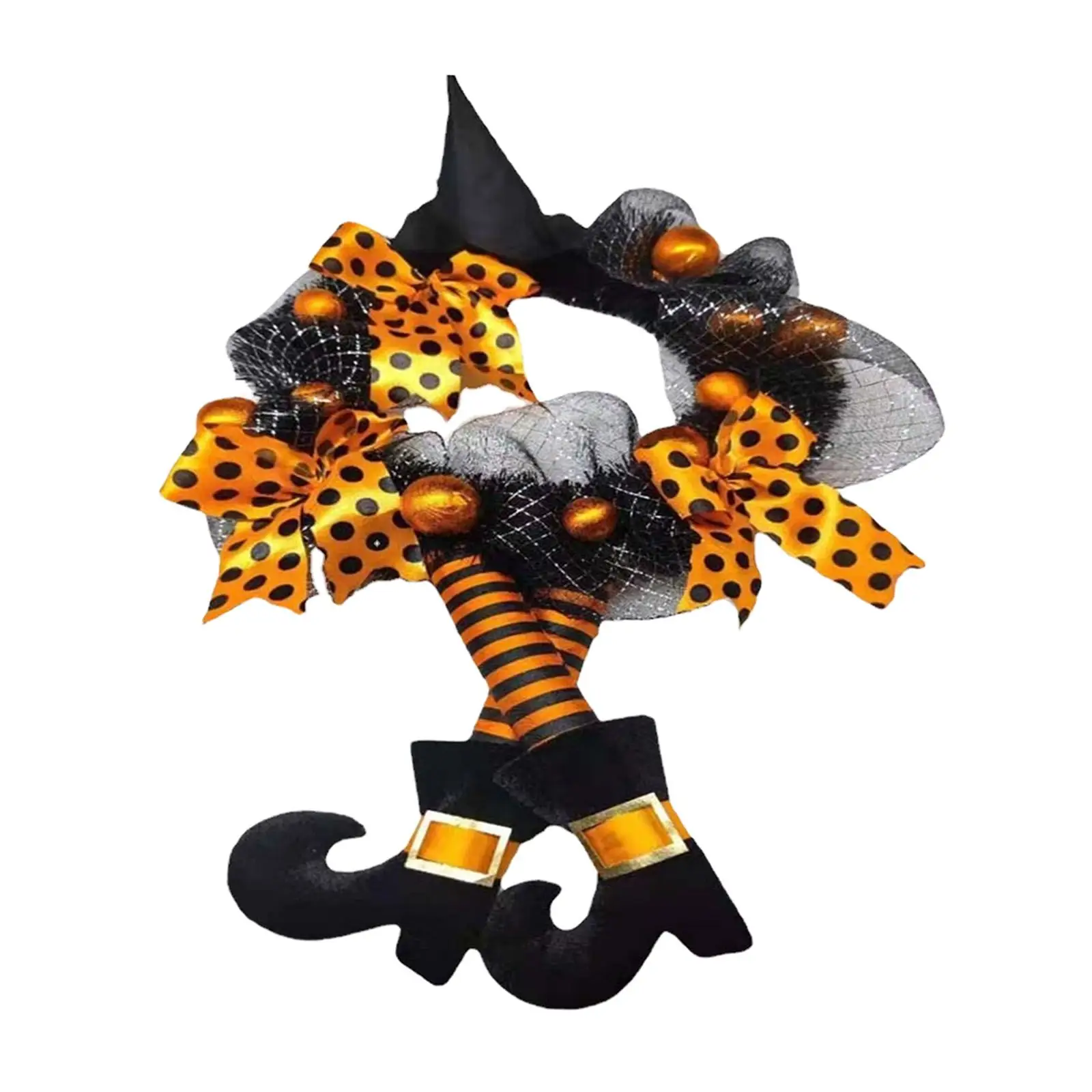 Happy Halloween Wreath with Ribbon Ornaments Witch Hat and Legs Wreath Decorative Wreath for Door Mantle Festival Decor