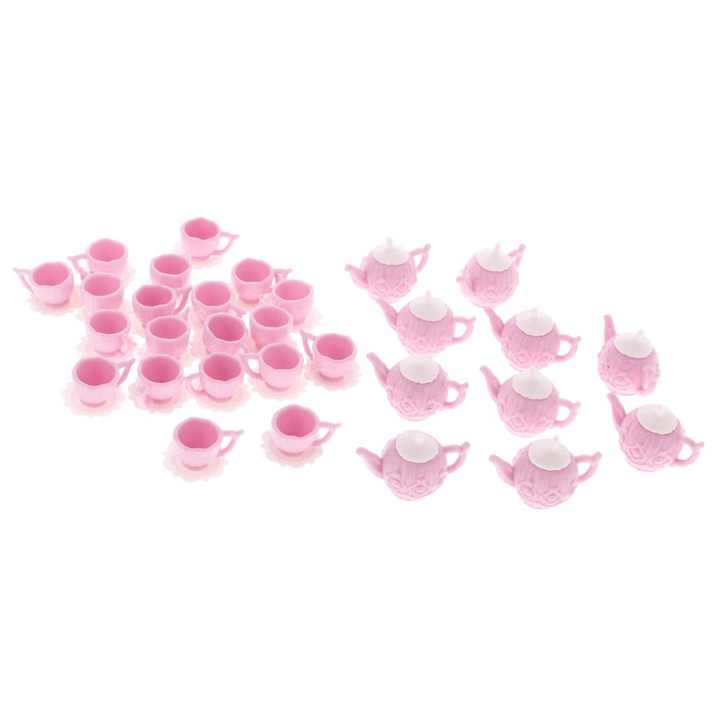 10 sets dollhouse miniature plastic pink tea pot with 2 cups dishes