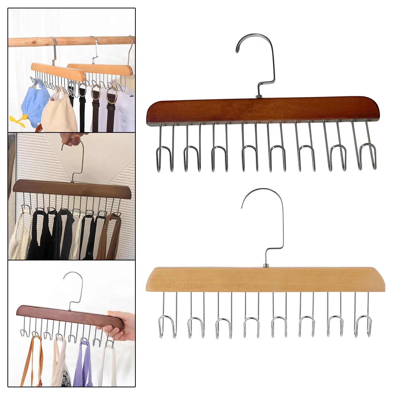 Wooden Tie Hanger Durable Space Saving with 8 Hooks Wardrobe Tie Holder Hanging Organizer for Bags Tank Tops Hats Scarves Belts