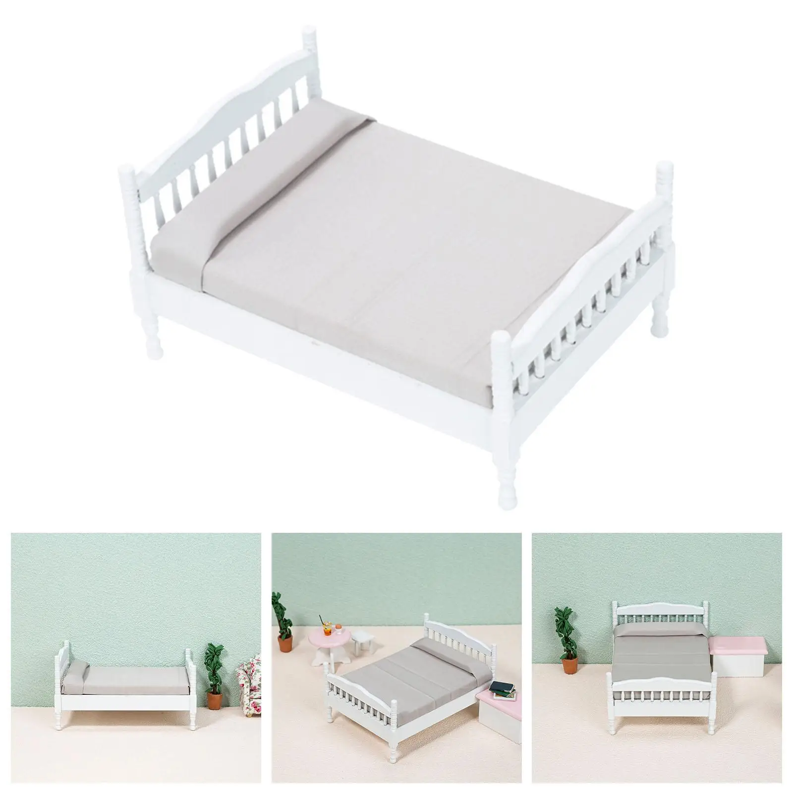 Handcrafted Dollhouse Mini Bed Doll House Furnishings Model Toys Pretend Play Toy 1/12 Wooden Double Bed for Girls Adults Gifts
