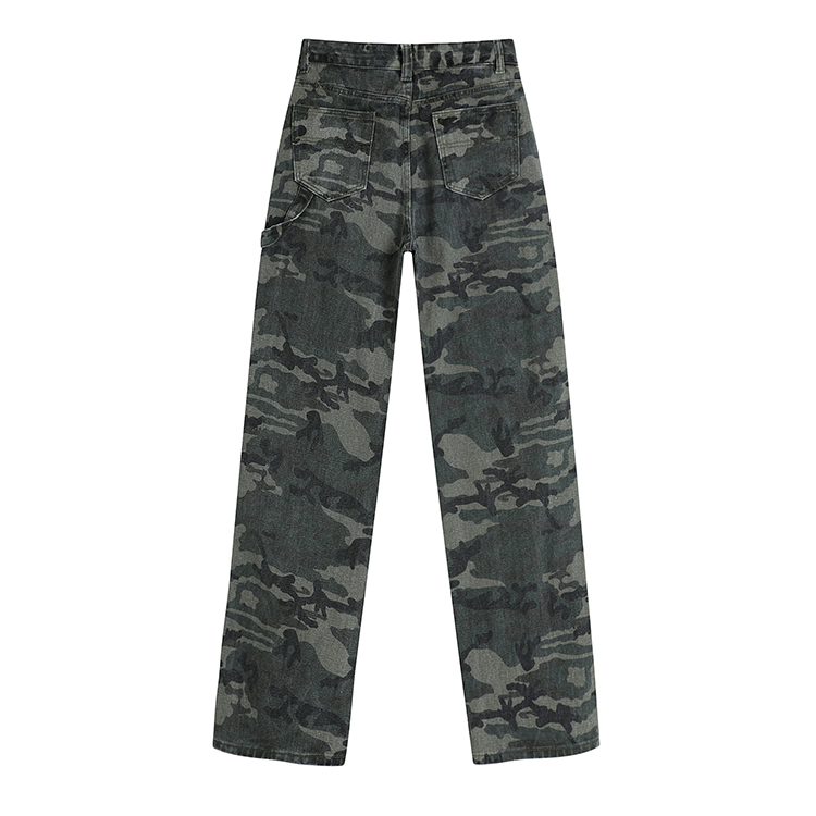 calças de camo meados da ascensão jeans