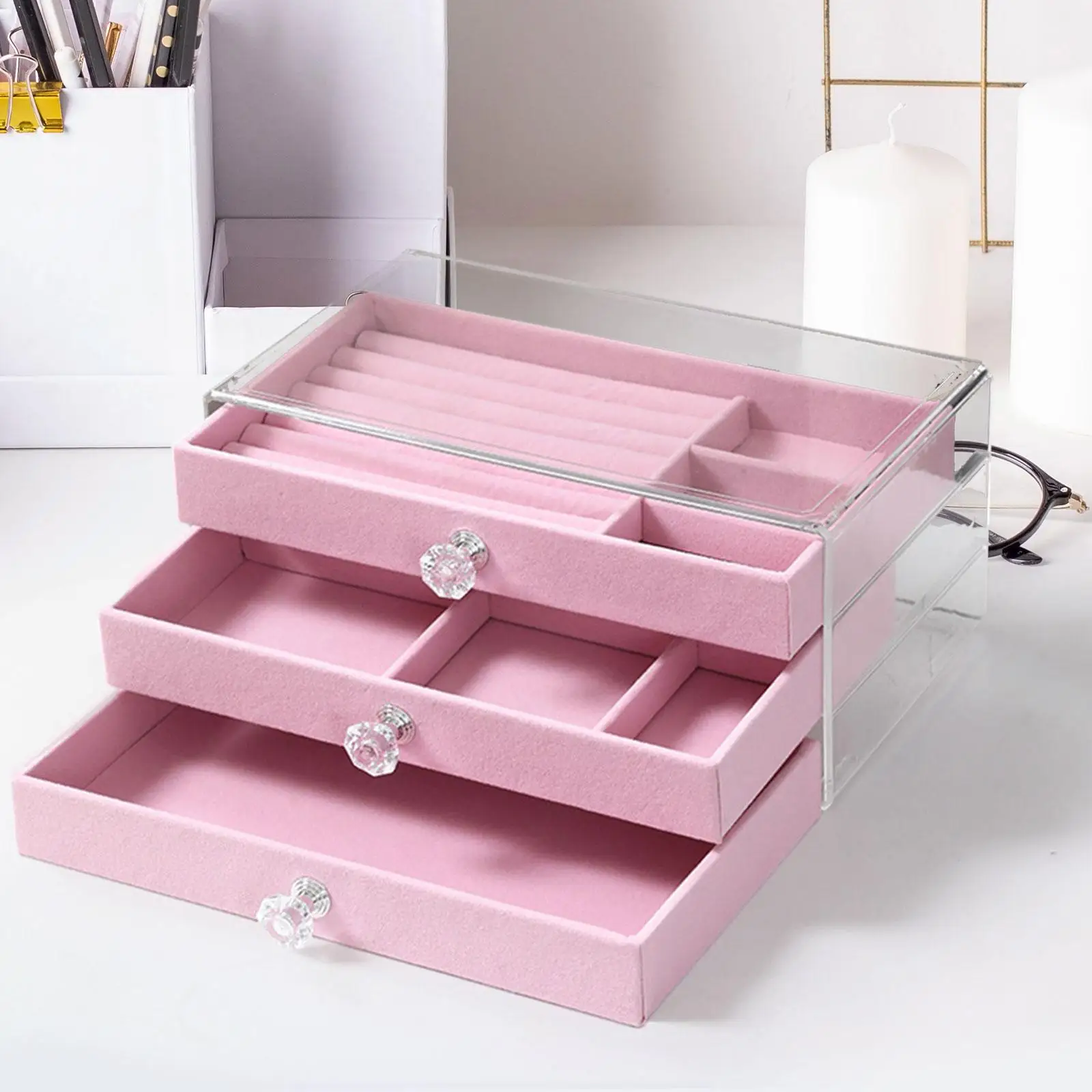 Portable Jewelry Box Large Capacity Rings Mirrored 3 Layer for Women Girls Jewelry Storage Box for Friends, Wife or Mother Gift
