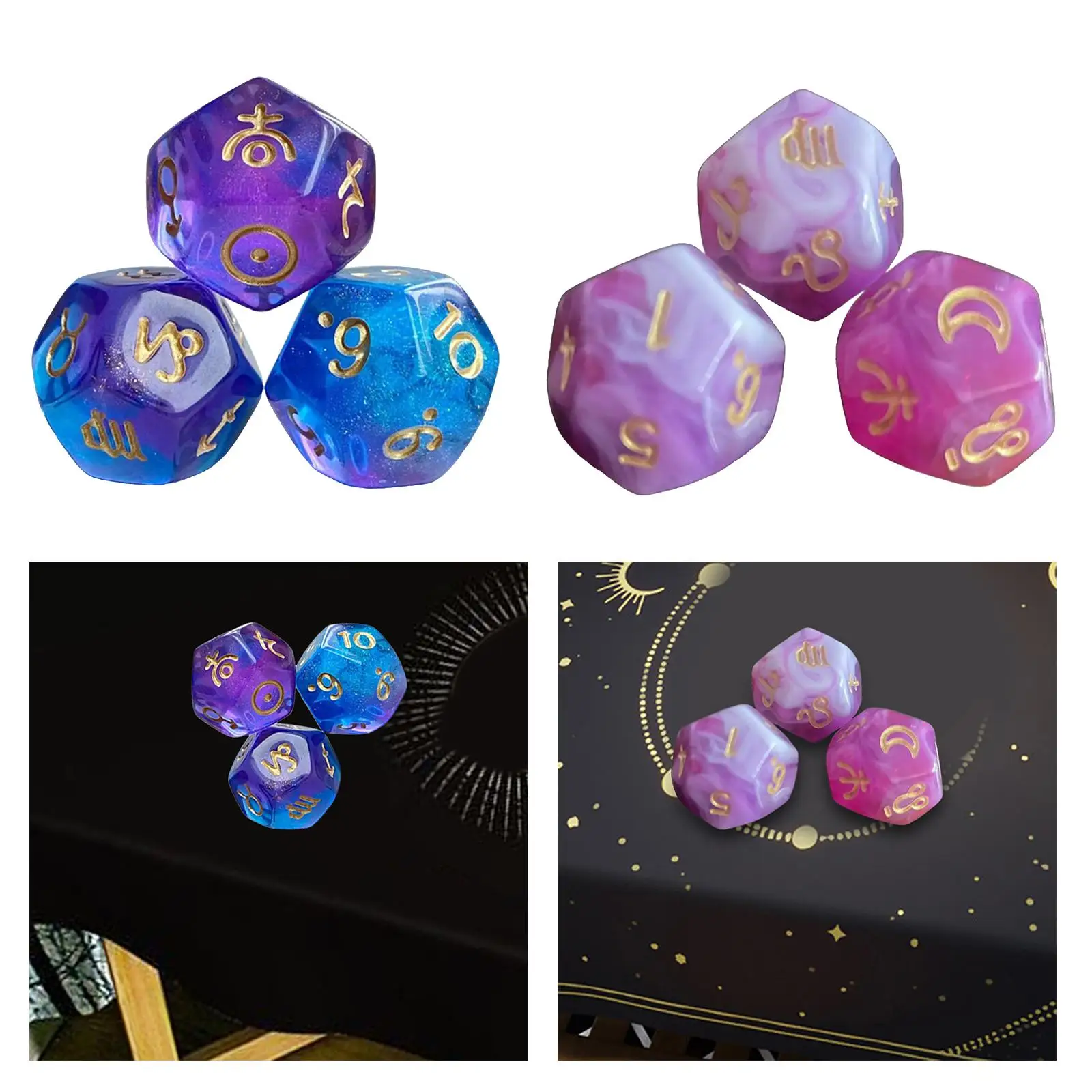 3x Astrology Signs Dice Board Game Dice Set Constellation Dices Acrylic D12 Dice Set, 1.4cm