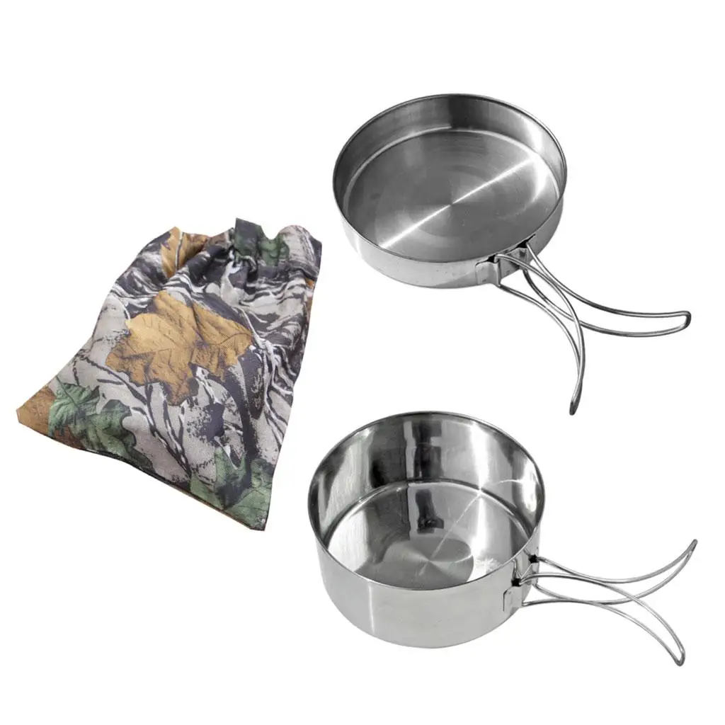 2 Pieces Camping Pot and Pan Set, Outdoor Cookware with Folding Handle,  Cooking Pot  Frying  Picnic Fishing Hiking