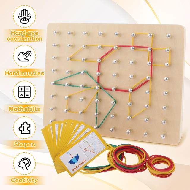 Wooden Geoboard Educational Toys Block Toy with 30 Pattern Cards Wood Toy Lacing Board for Children Kids Toddlers 3 4 5 Year Old