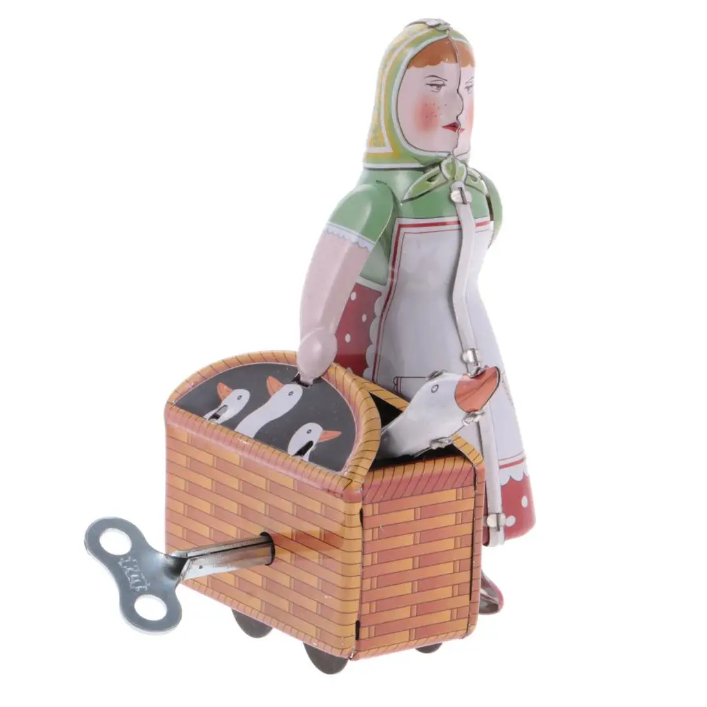 Tinplate Clockwork Toy Vinatge Farm Woman Carrying A Basket to Walk