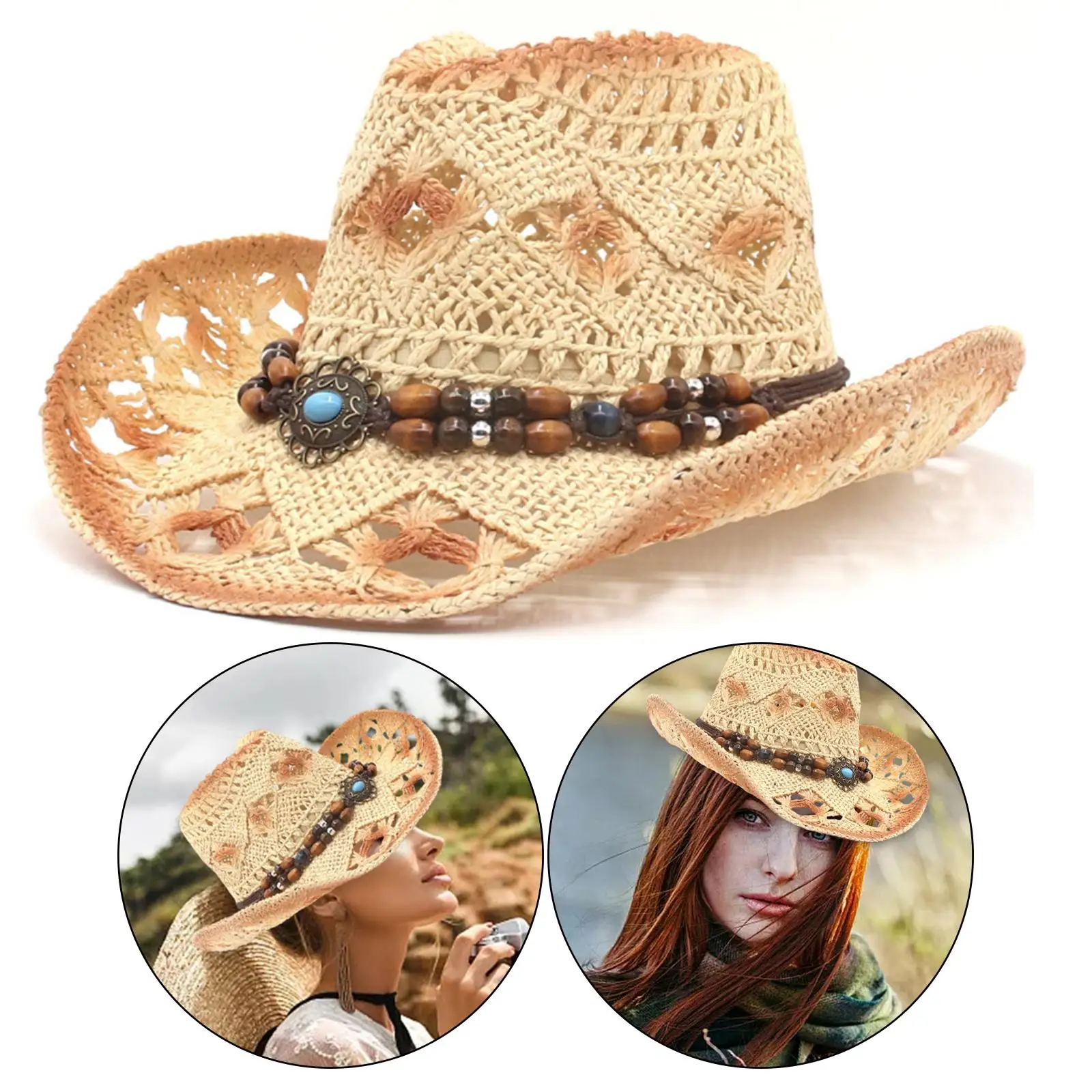 Straw Cowboy Hat Shapeable Roll up Brim Cowboy Hat Vintage Cowgirl Hats for Women Men Party Sun Protection Travel Summer Outdoor