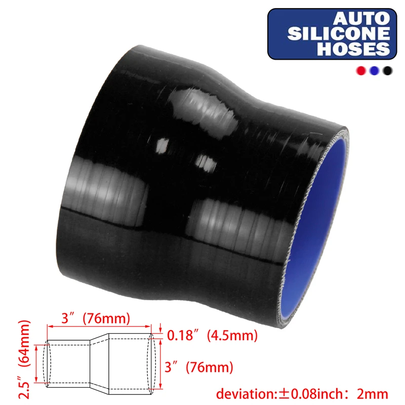 2.5" to 3" Straight Reducer Silicone Hose Turbo Coupler 76mm Lenght Black 3-PLY 