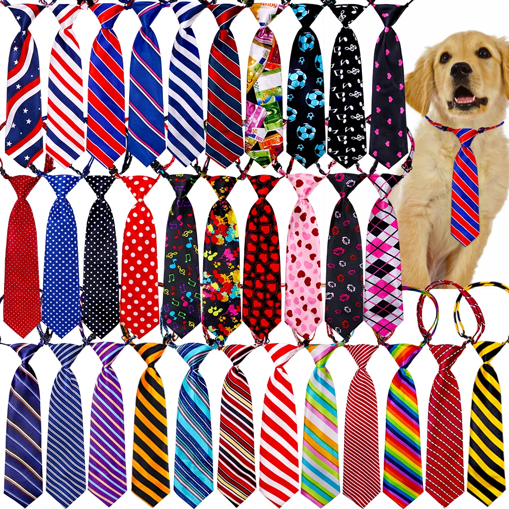 Una colección de corbatas coloridas dispuestas en un patrón de cuadrícula. Cada corbata tiene un diseño único, con varios patrones y colores. En el centro de la imagen, hay una foto de un perro con una corbata a rayas azules y rojas, lo que añade un elemento divertido y lindo a la imagen.