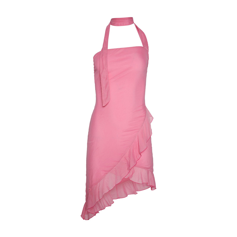 Ruffled Dresses for Women Summer Solid Color Sleeveless Halterneck Backless Irregular Hem Midi Dress y2k Party Dress