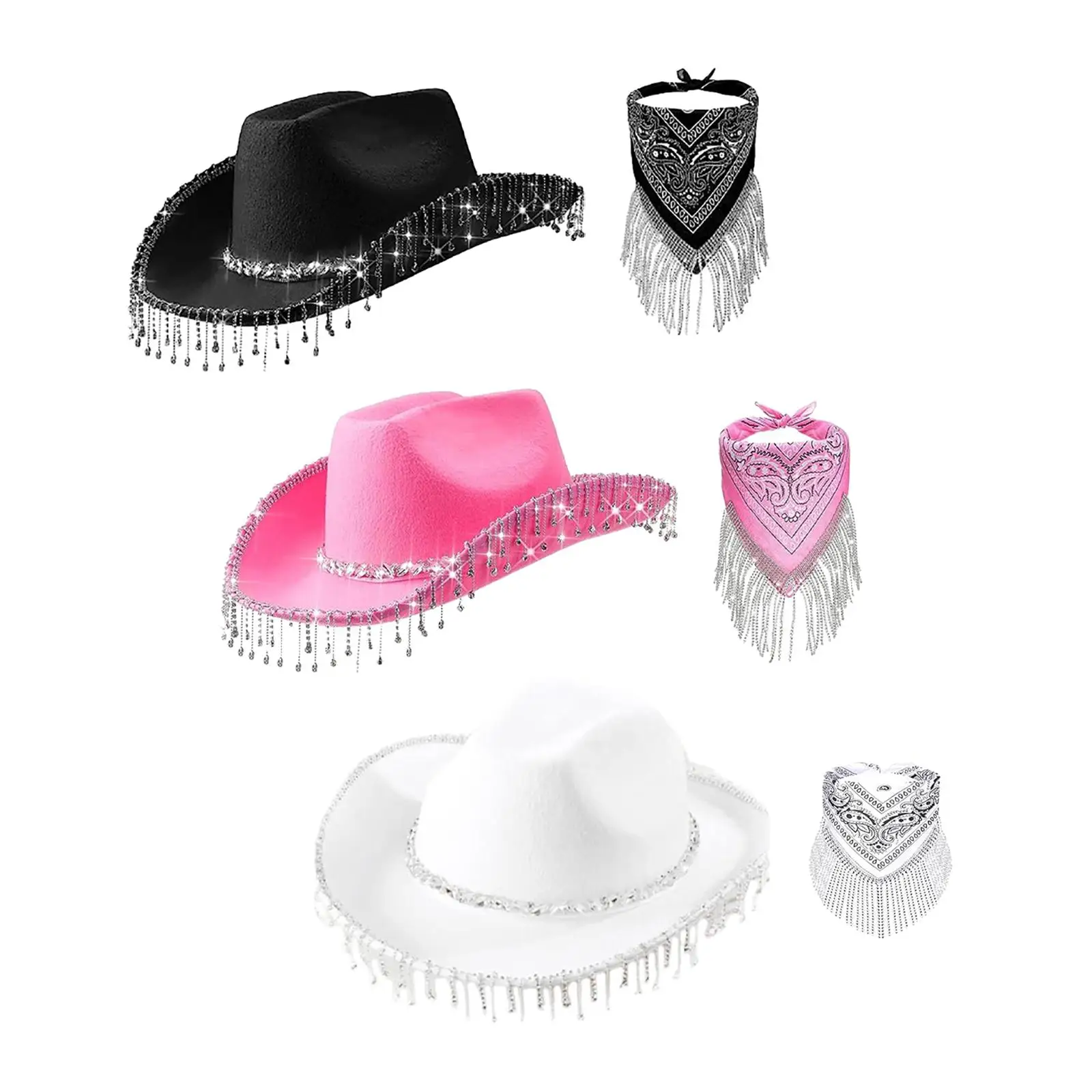 Western Cowboy Hat and Bandana Sunhat Rhinestone Fringe Hat Wide Brim Cap Cowgirl Hat for Women Role Play Bridal Travel Wedding