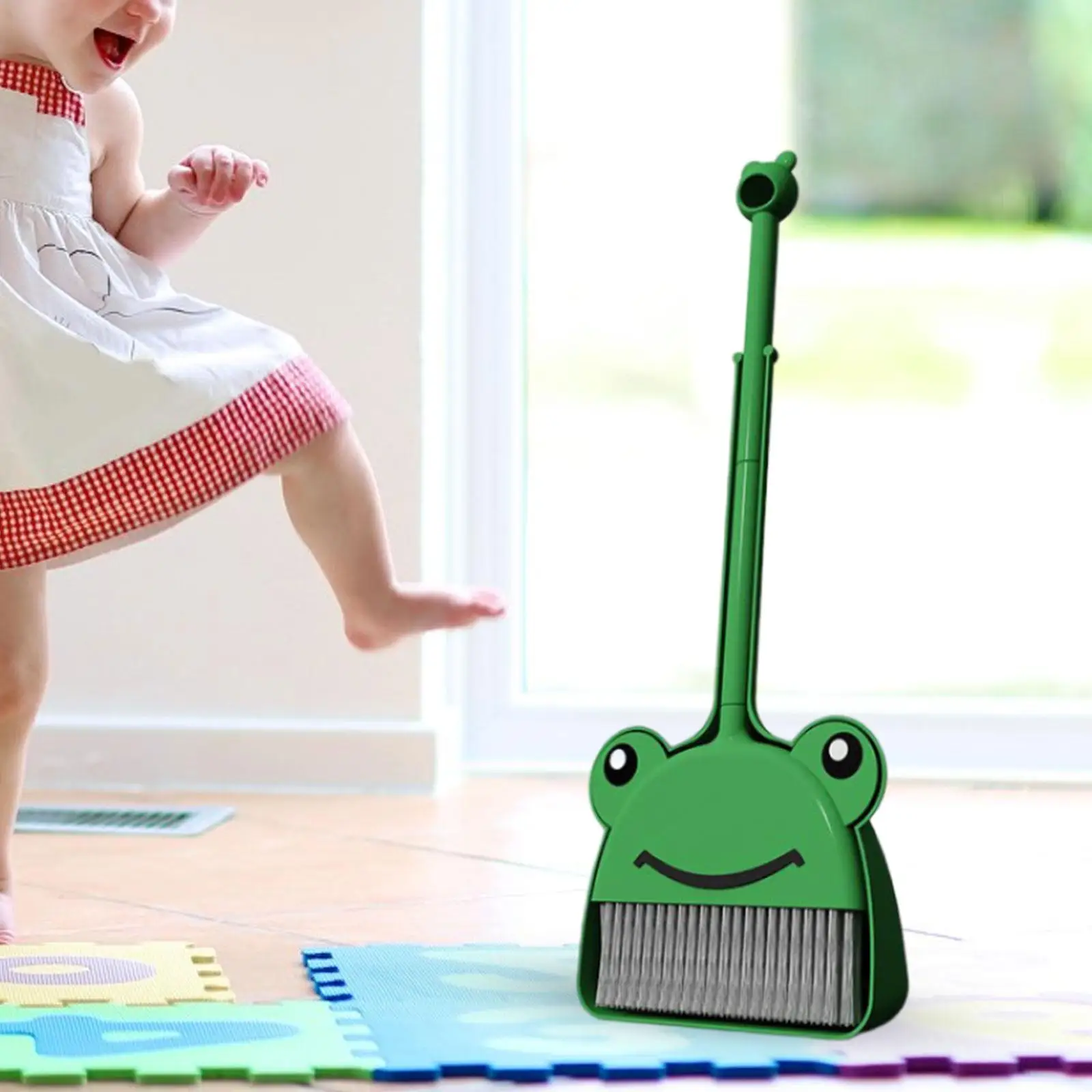 Mini Broom with Dustpan Holiday Gifts Educational Lovely Frog Theme Housekeeping Play Set for Kindergarten Preschool Boys Girls