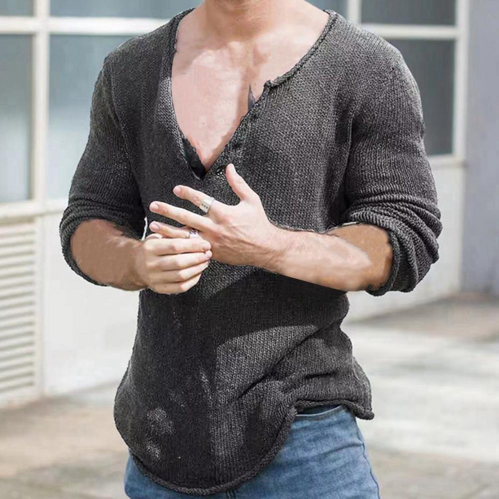 Description Picture 6 of itemSpring Summer Long Sleeve V Neck Slim Casual Tops Vintage Elastic Pullover Knitwear Loose Bottoming Sweater Mens Fashion Shirts