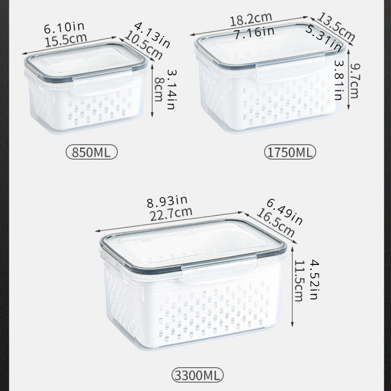 Refrigerator Preservation Box Transparent Double-Layer Vegetable And Fruit Food Grade Drain Box Set Of 3