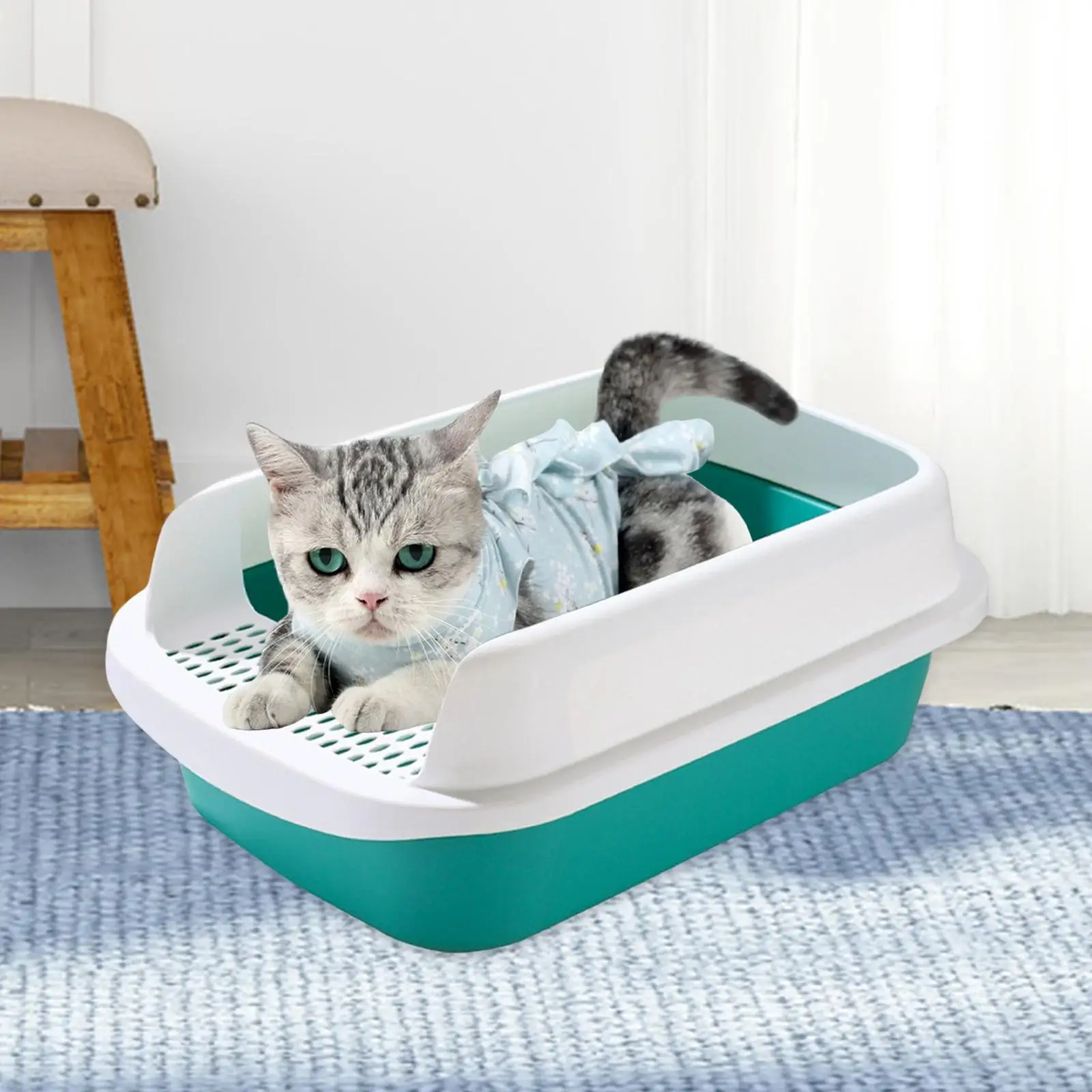 Cat Potty Toilet Heighten Semi Closed Pet Litter Tray Splashproof Bedpan Removable Litter Pan Large Sandbox for Indoor Cats