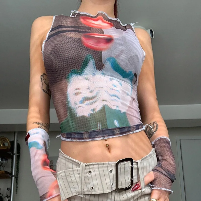 90s Harajuku Gothic Print Tank Tops With Gloves Mesh Transparent Sweats Tees Aesthetic Summer Sexy Crop Top Women Vest