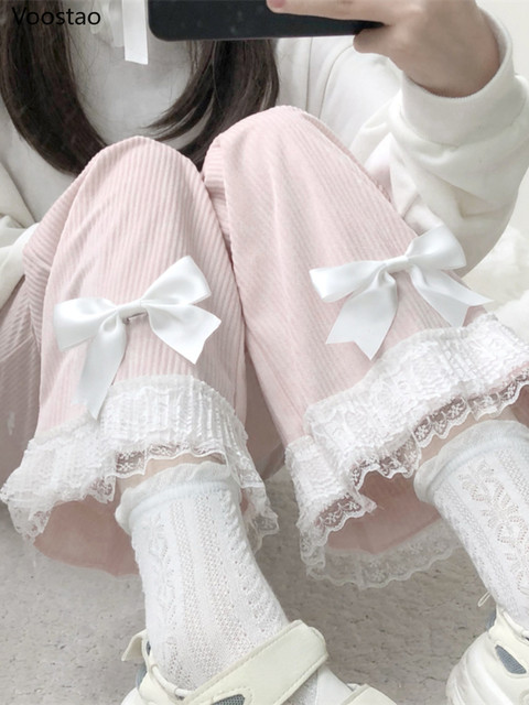 Kawaii Monokawaii High Waist Corduroy Pants For Women - Sweet Bow