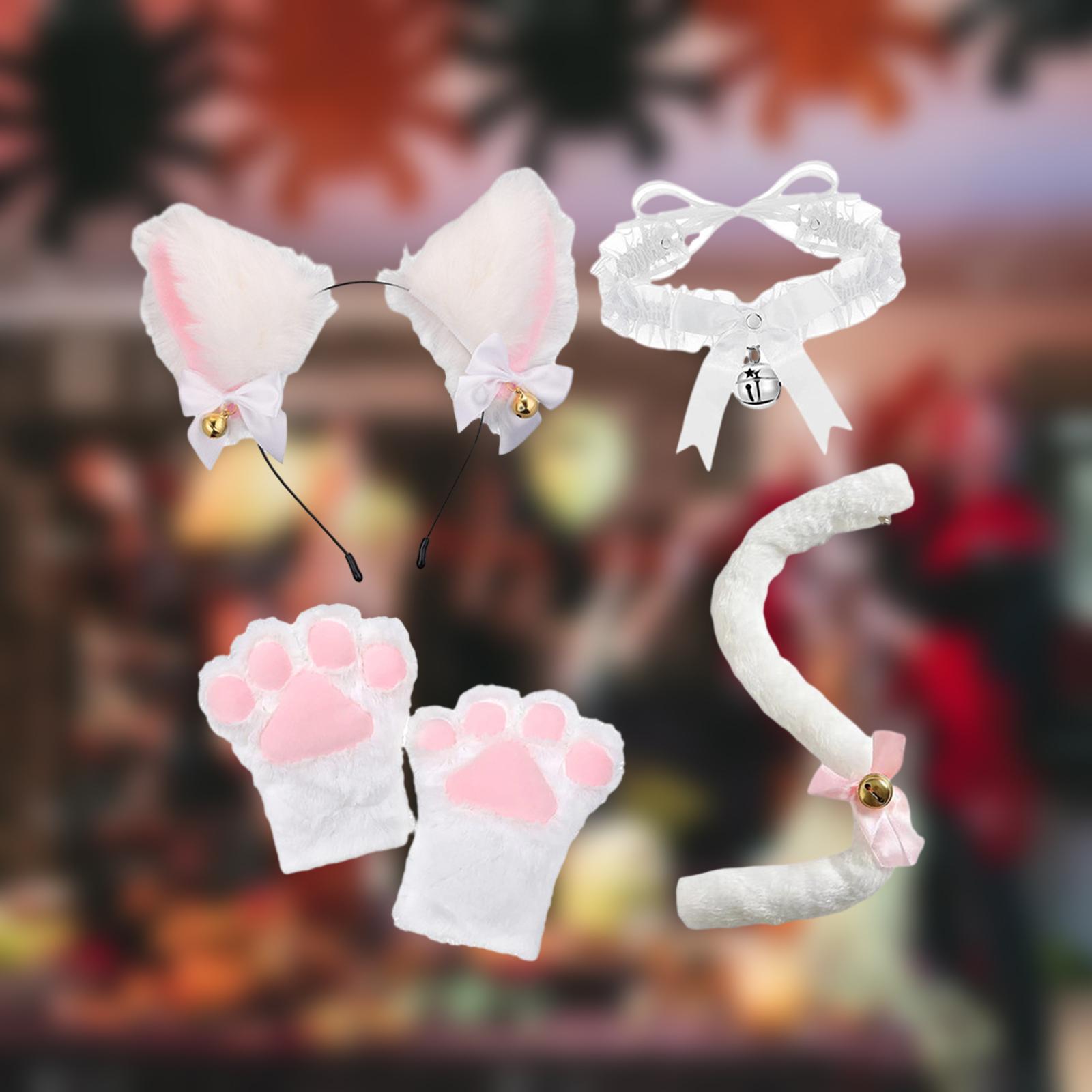 Katzen ohr und Schwanz Pfote Lolita Cosplay Kostüm Set Plüsch Ohr Glocke Stirnband Bowknot Kragen für Karneval Maskerade Festival Requisiten – Detail 2