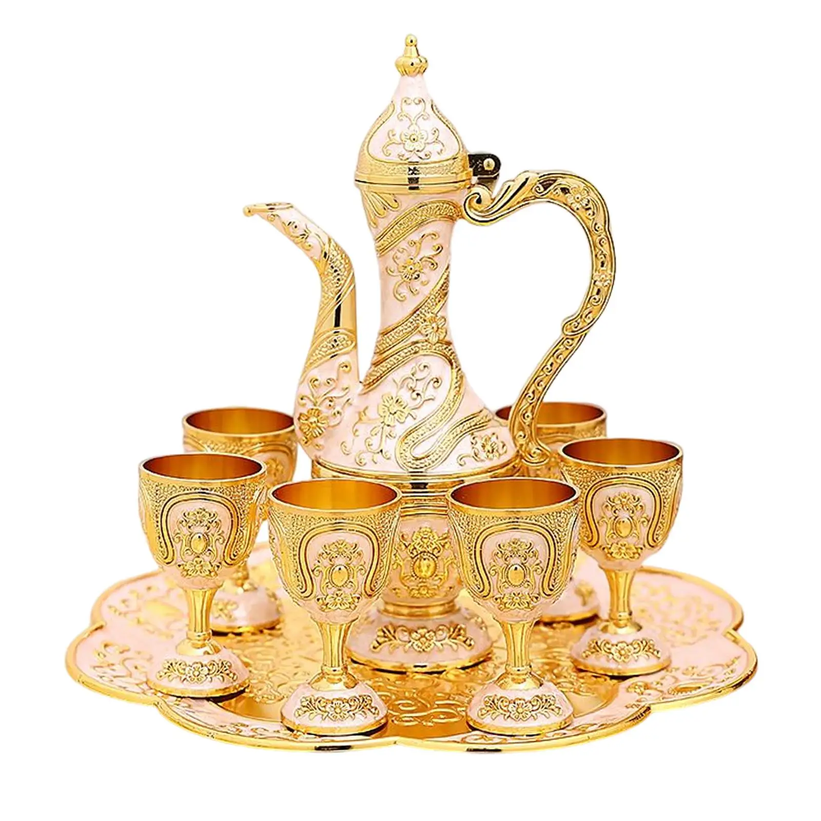 Turkish Coffee Pot Set Tea Sets with Teapot Tray and 6 Cups Art Crafts Turkish Cup Set Flagon for Serving Tea Party Gifts