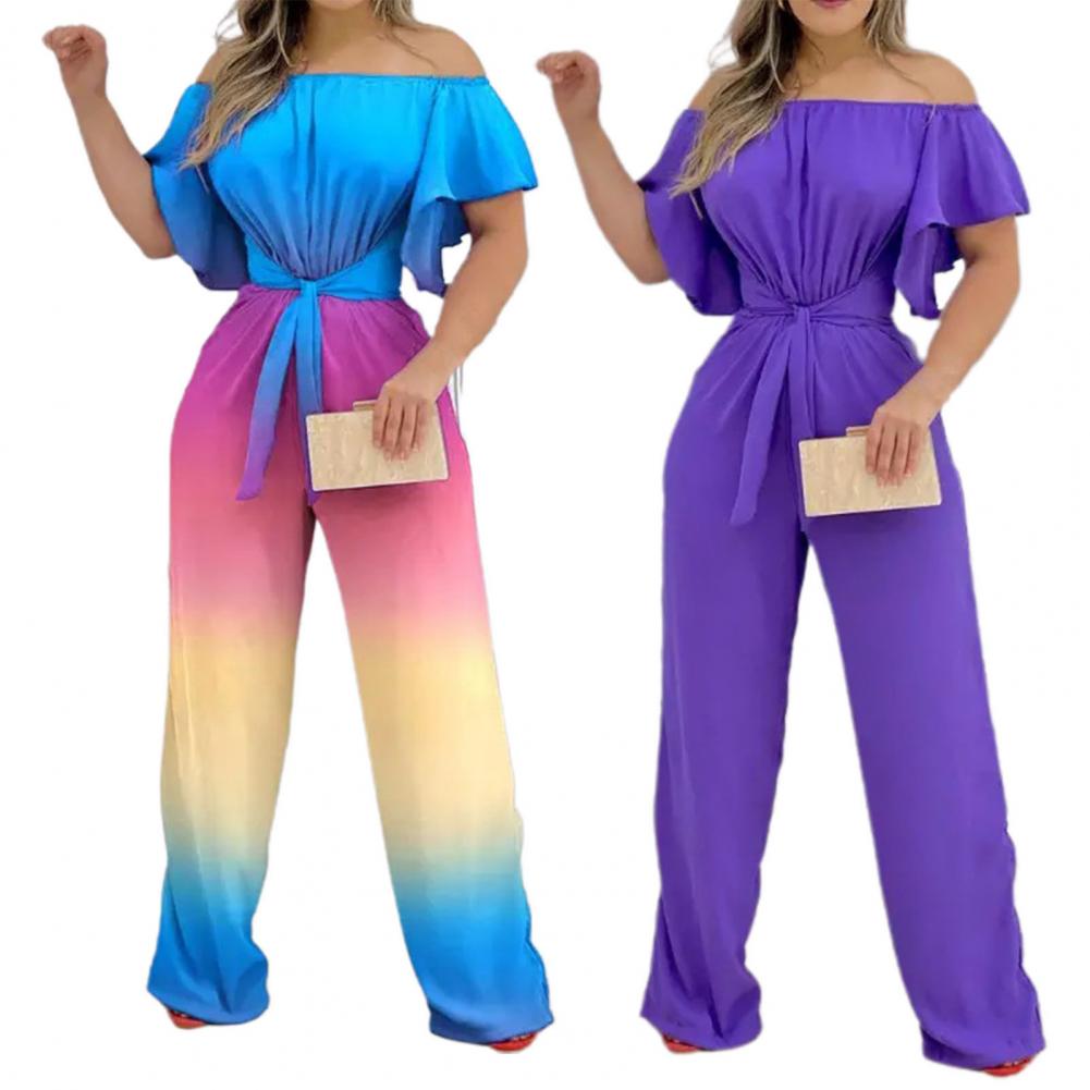 mulheres macacão moda plus size calças mulheres macacão slinky gradiente barco pescoço perna larga calças compridas boho bandagem senhora macacão