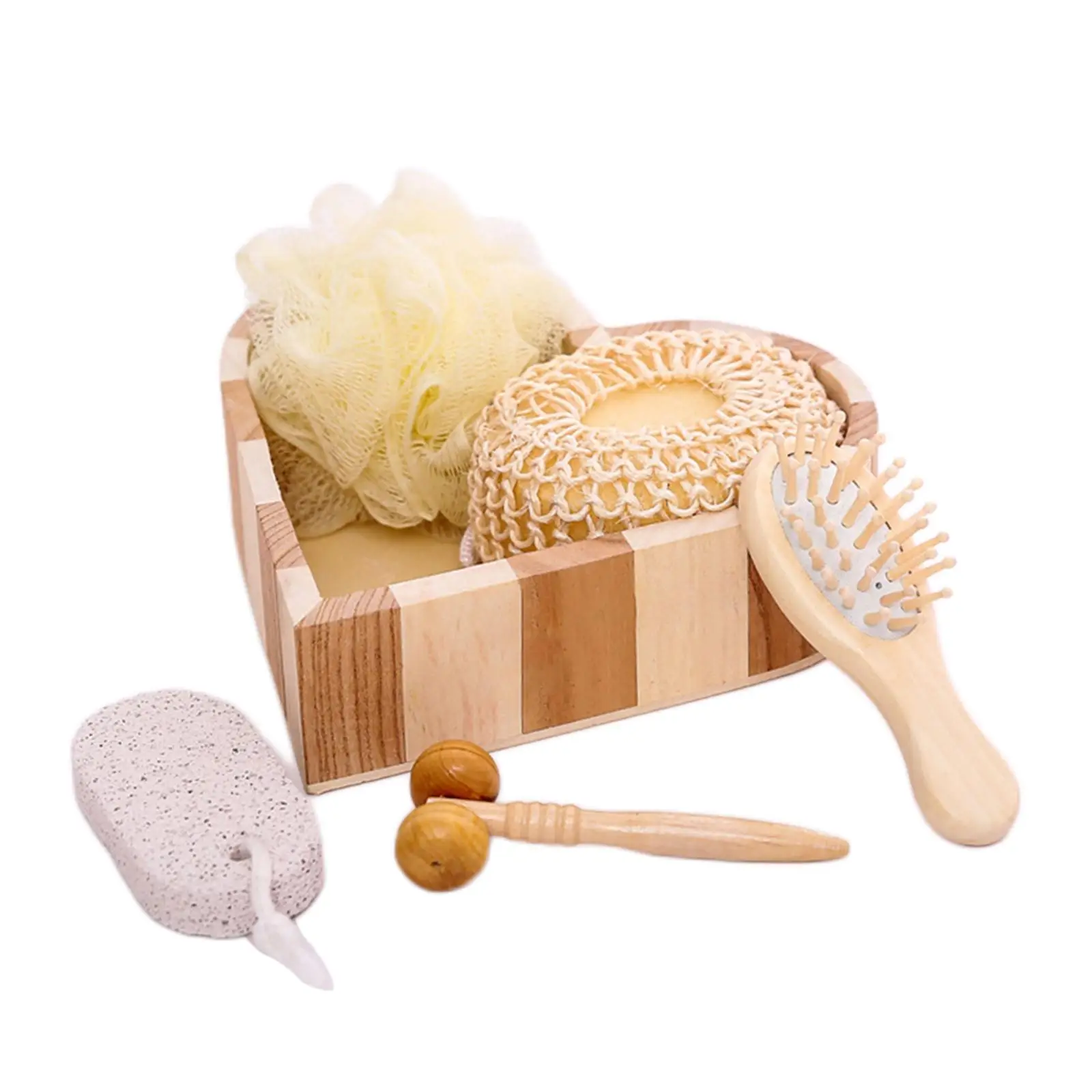 5 Pieces Bath Accessories Set Pumice Stone Hair Brush Sponge Ball in Heart Wooden Box for Body and Foot SPA Women Man Gift