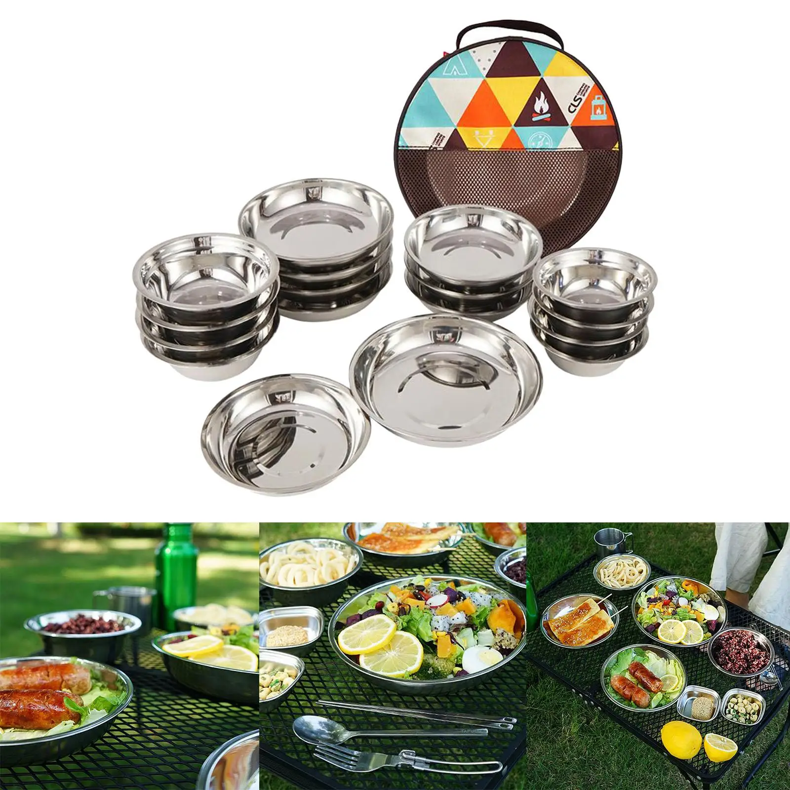 17 in 1 Stainless Steel Plate Set Portable Dinnerware Cooking  Bowl for