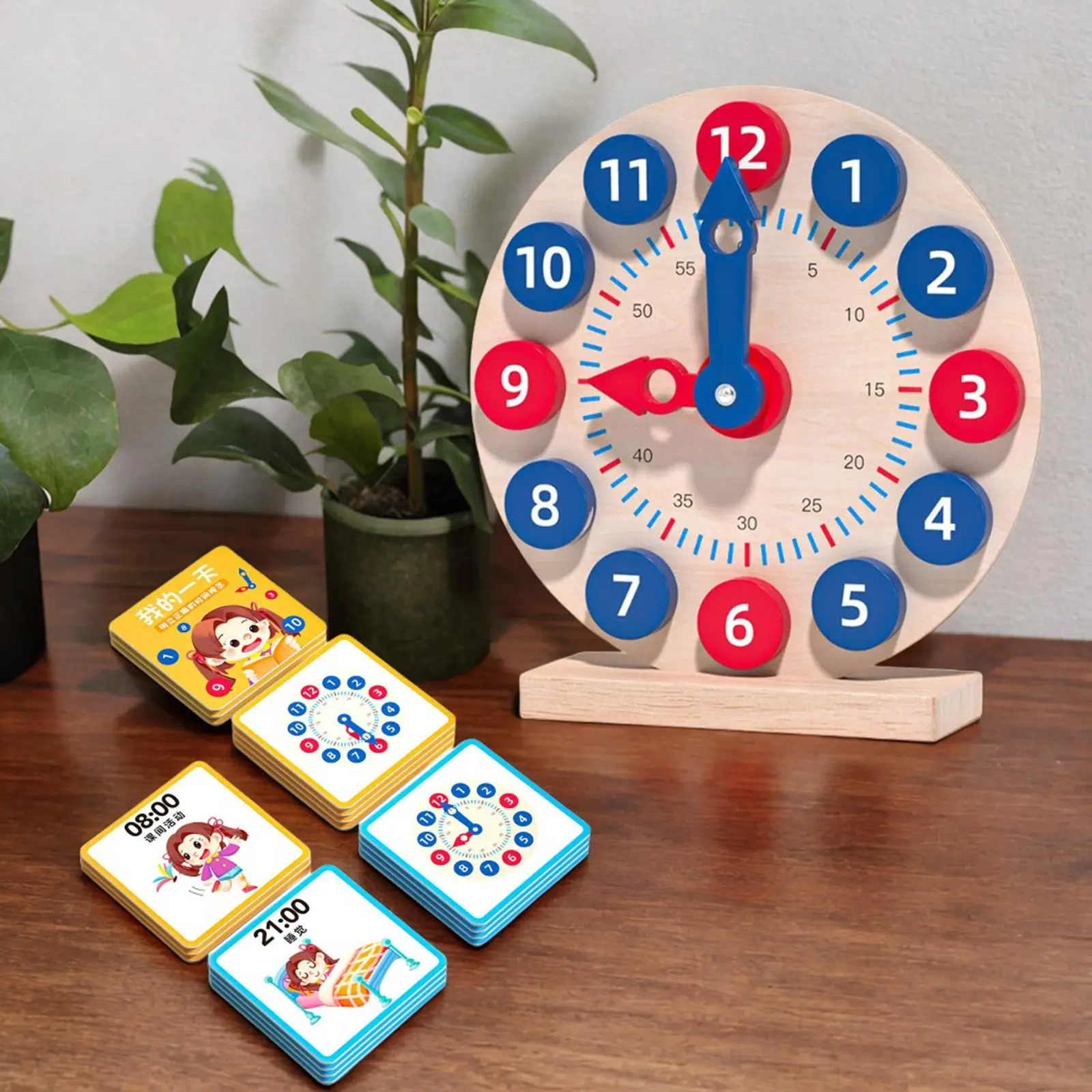 Wooden Toy Clock Learn to Tell Time Multifunctional Teaching Time 18 Reversible Time Cards for Gift Boy Girl Children