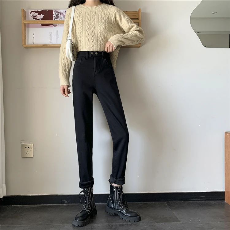 DD1378  New fashion all-match high waist slim straight pants women's warm trousers jeans leather pants