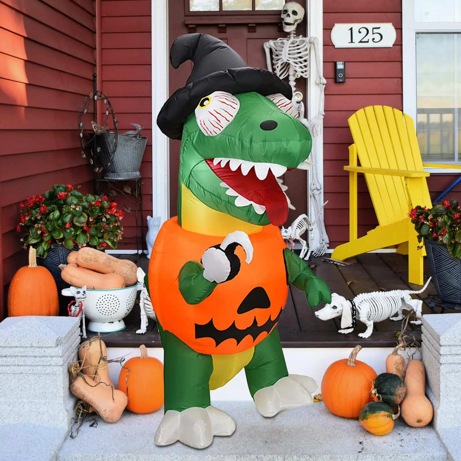 5.9 ft Tall Halloween Inflatable Pumpkin Dinosaur Lighted Inflatable with Stakes for Lawn Home Halloween Outdoor Decor