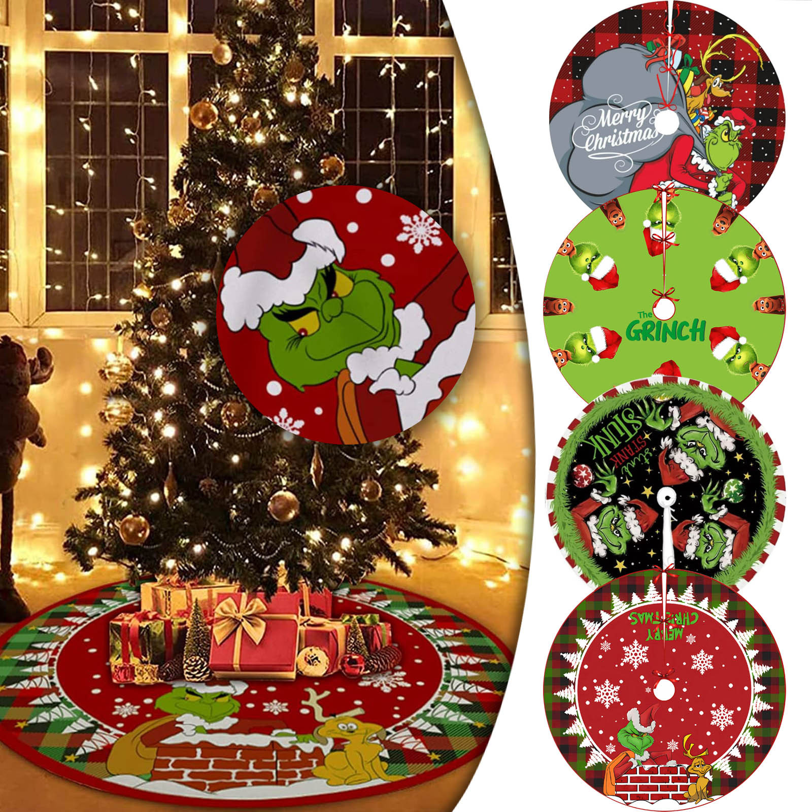 G-rinch Large Christmas Tree Skirt Red & Green Merry Christmas Tree Skirt Collar, Soft Xmas Holiday Decoration Happy New Year