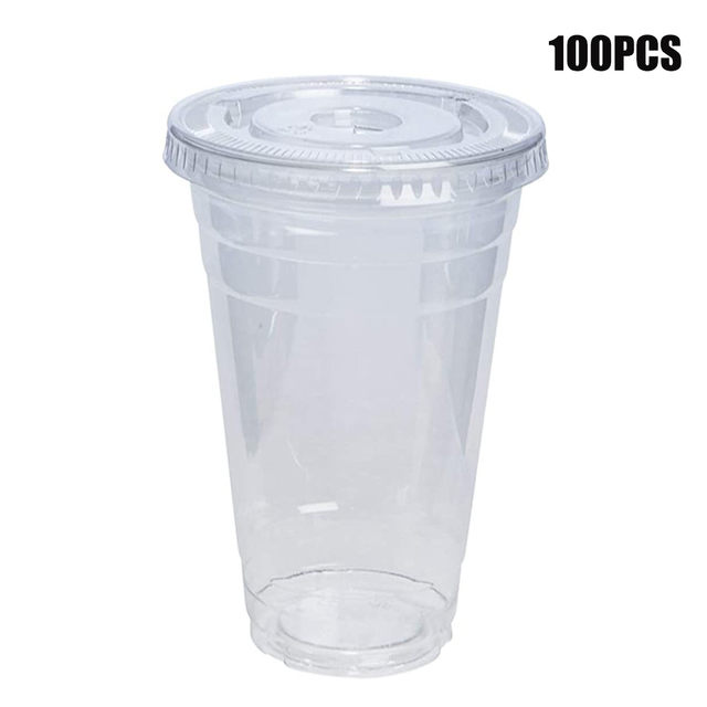 Comfy Package [100 Sets] 16 oz. Clear Plastic Cups With Flat Lids