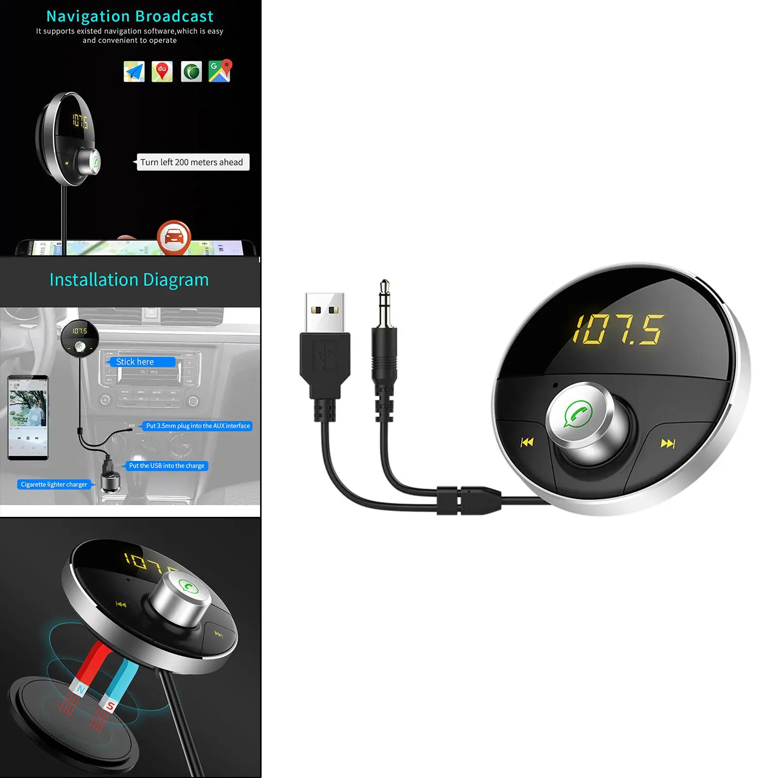 Car MP3 Player Wireless Bluetooth FM Radio Transmitter Set Magnetic Base