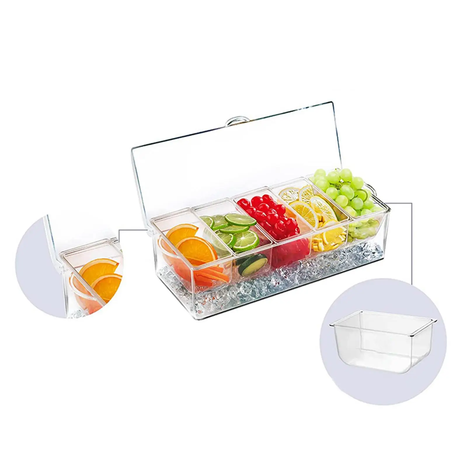 Chilled Condiment Server Caddy Set 5 Compartment Hinged Lid Clear Garnish Tray