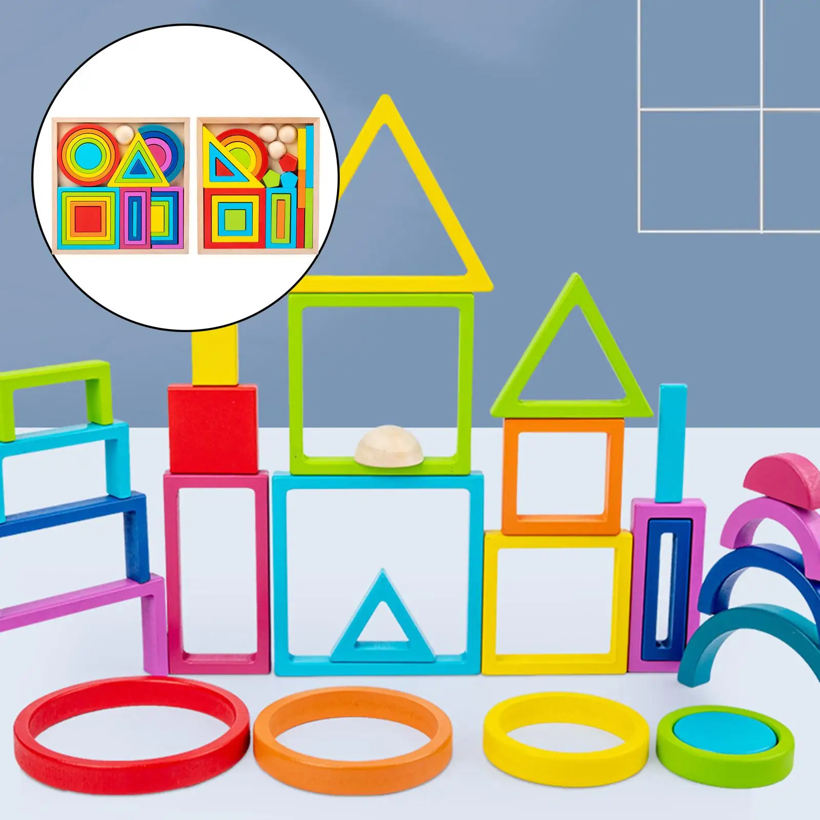 Rainbow Nesting Building Blocks Stacker Colorful Geometric Wood Blocks Preschool Infant Boys And Girls