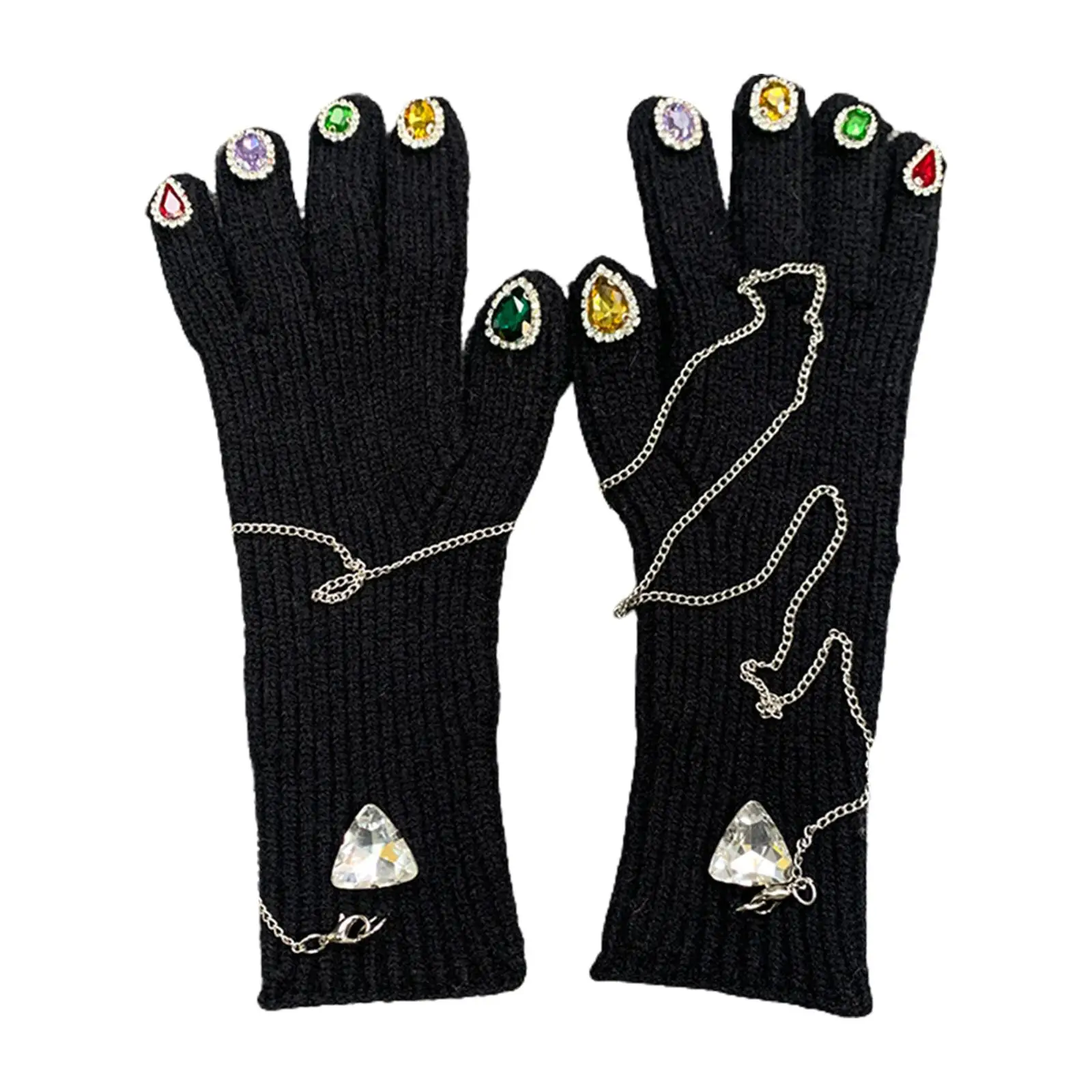 Women Winter Warm Gloves Long Wrist Faux Rhinestone Touchscreen Knit Gloves