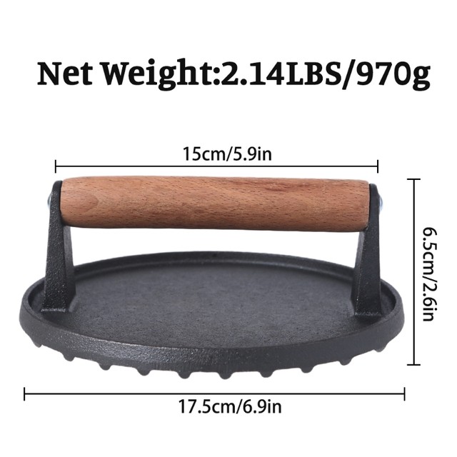 1 Piece Heavy-Duty Cast Iron Material Round Shaped Grill and Bacon Press  Burger Press with Wooden Handle for Kitchen Use - AliExpress