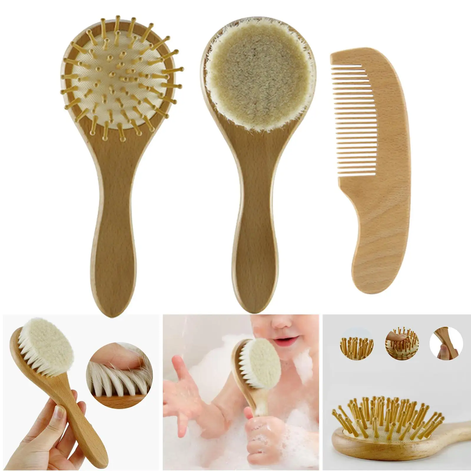 3 Pieces Beech Hair Brush    Smooth Hairbrush Brushes for Kids  Curly  Hair
