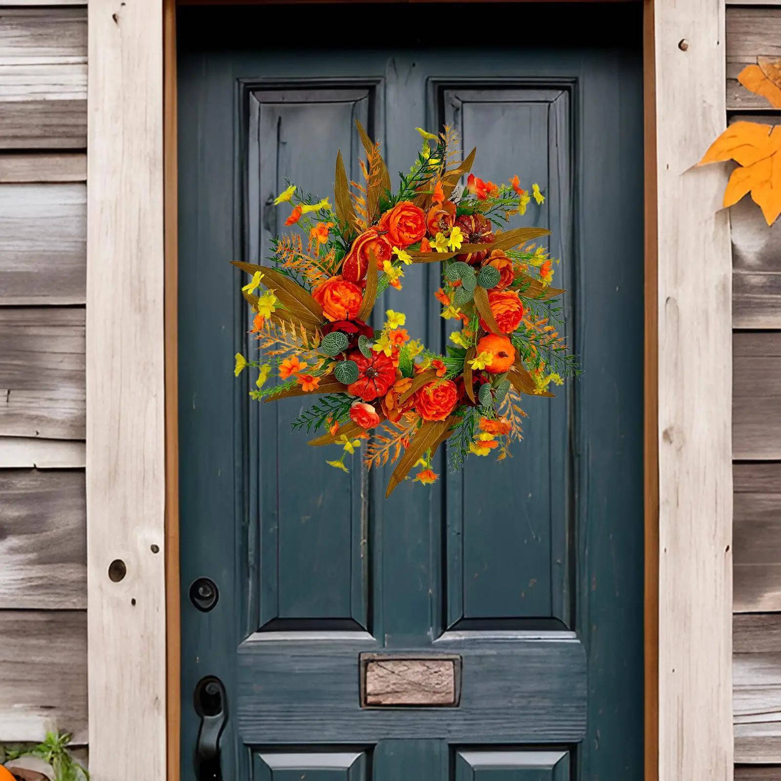 Fall Peony and Pumpkin Wreath 17.72`` Hanging Wall Decoration Fall Wreath Autumn Wreath for Festival Halloween Window Home Décor