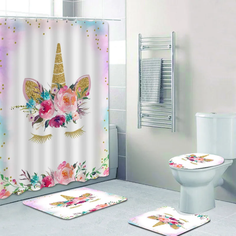 Floral Rose Pink Unicorn Girly Modern Bathroom Waterproof Bath Shower Curtain 