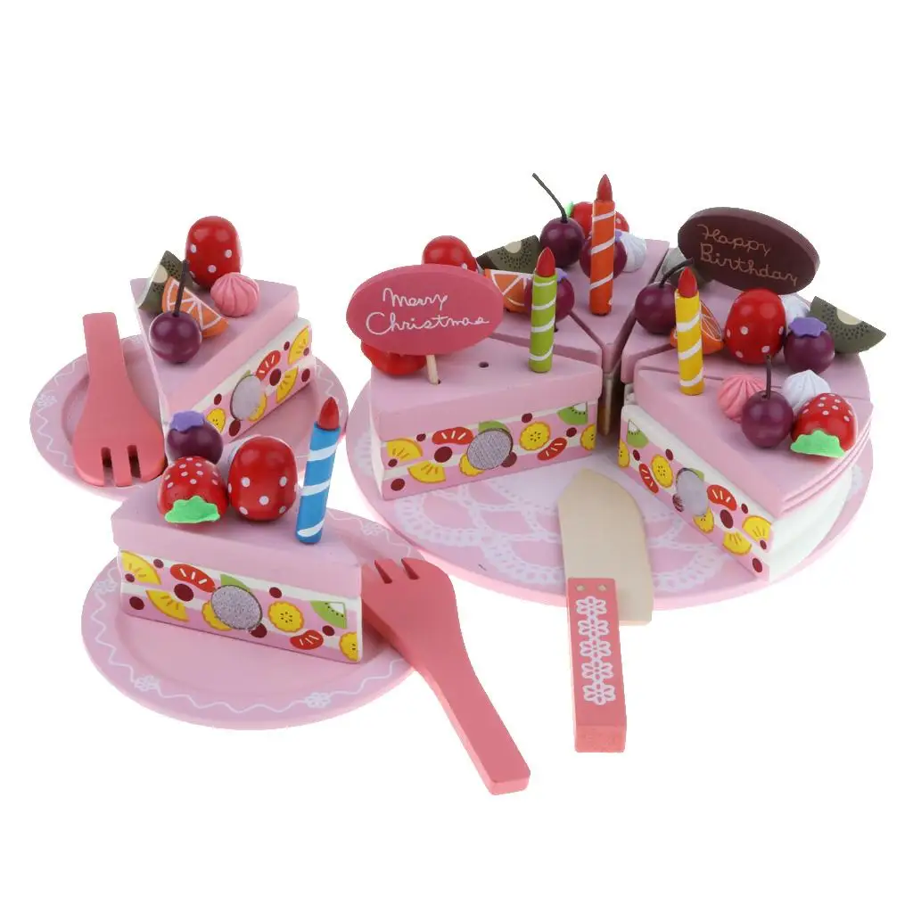 Large Merry Christmas Fruit Birthday Cake & Tableware Wooden Cutting Toys Developmental Pretend Play Game Playset
