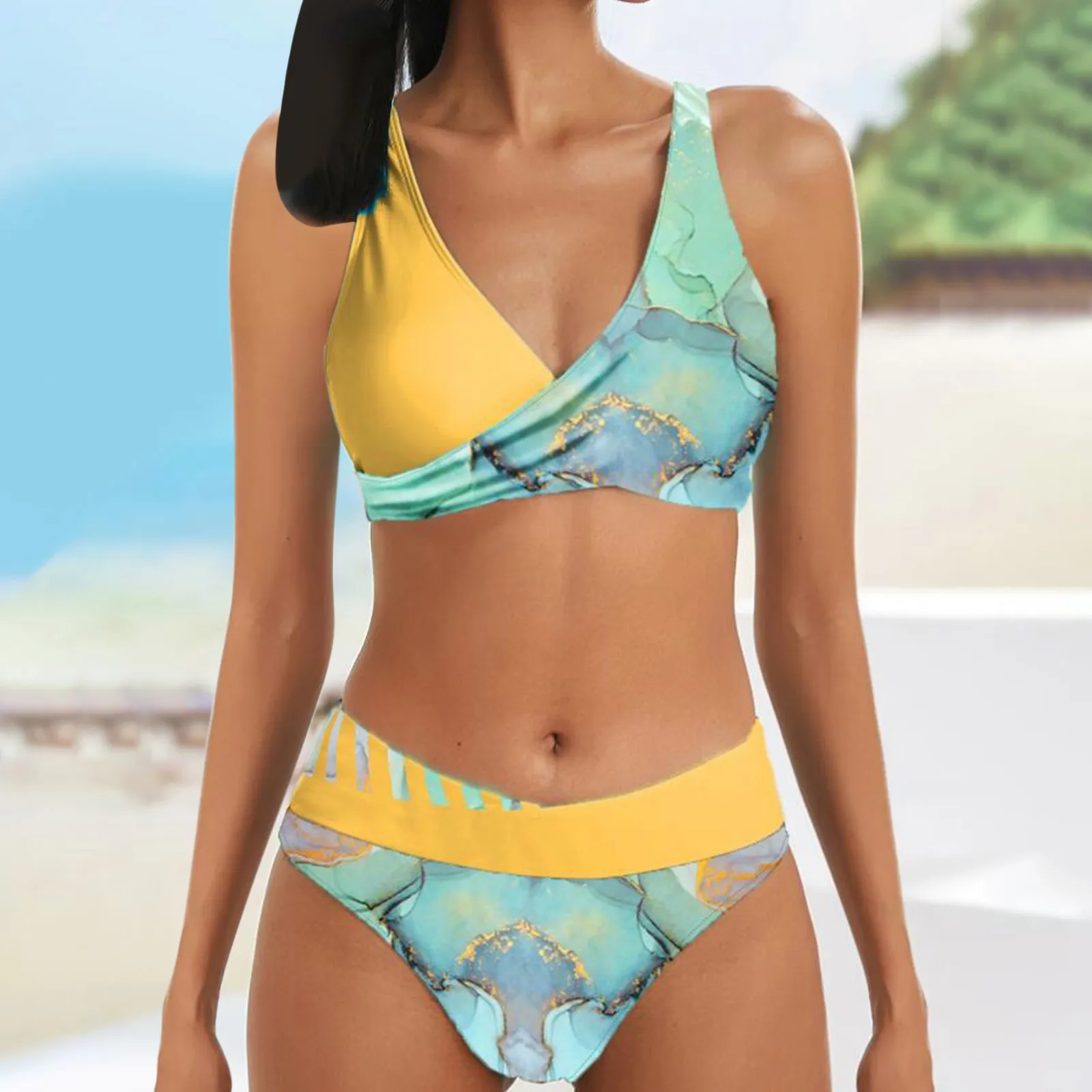 Summer fashion split bikini swimsuit sexy high waist retro print stitching new bikini swimsuit women's beach strapless bikini set