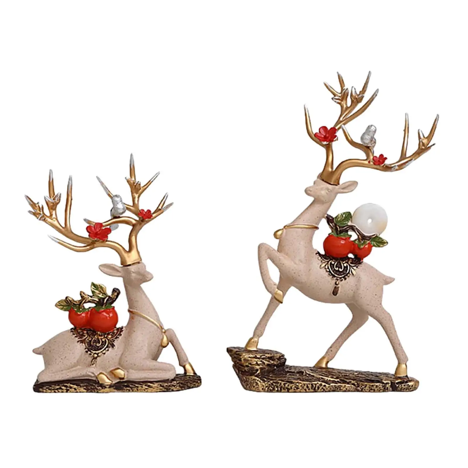 2x Reindeer Statues Art Figurine Resin Craft Elk Couple Sculpture Decorative for Living Room Tabletop Bookshelf Party Decor