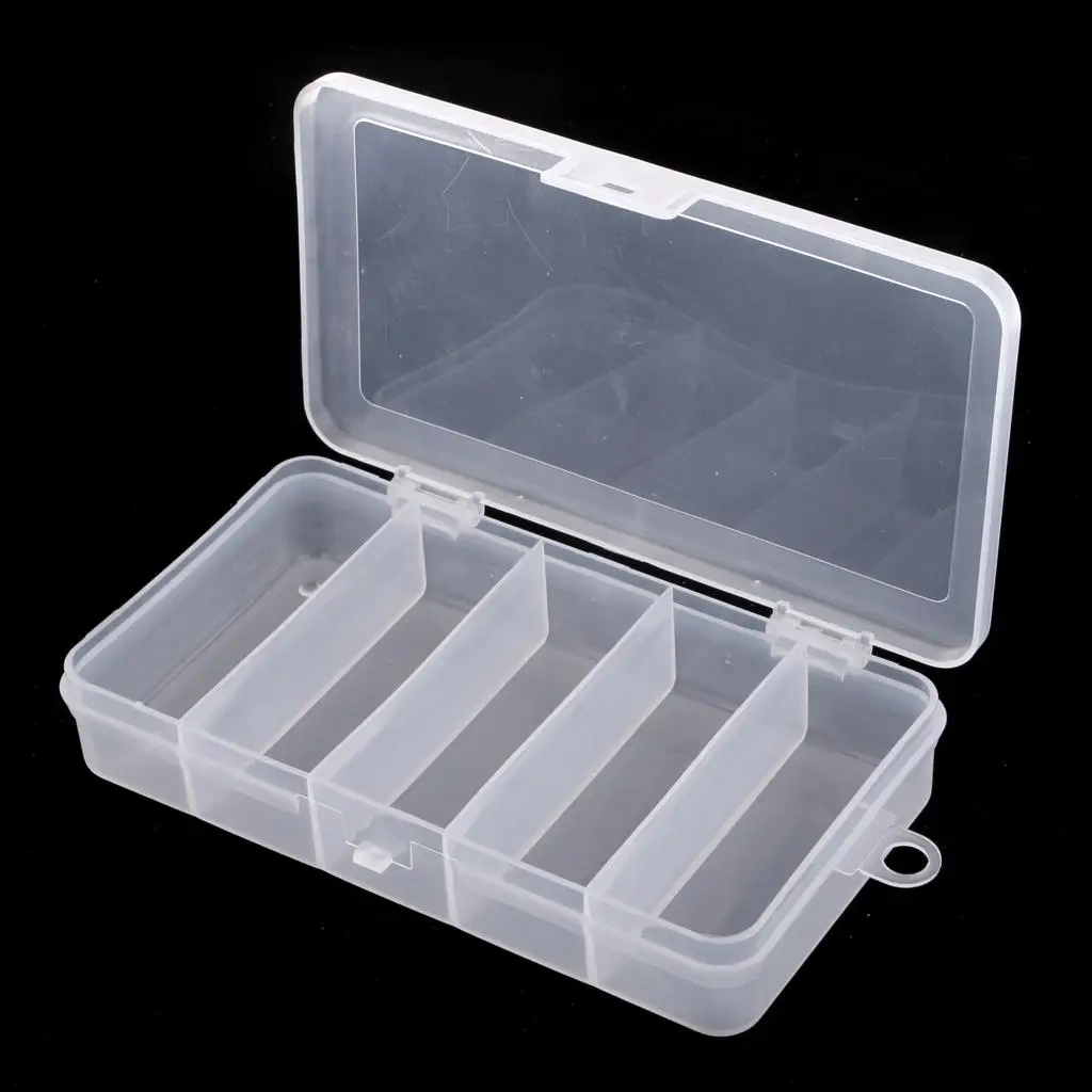 PP Plastic Clear Fishing Tackle Box 5 Compartments Lure Hooks Storage Case